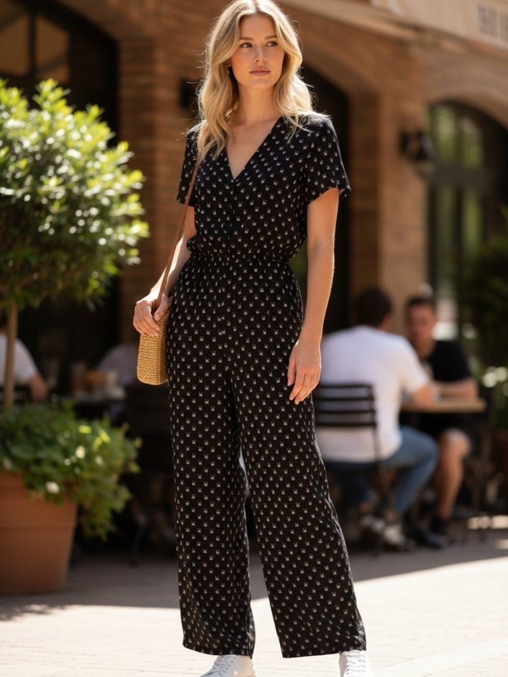 Universal Thread Navy Printed Short-Sleeve V-Neck Wide-Leg Jumpsuit